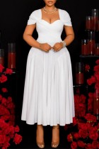 White Casual Solid Color Patchwork Ruched Square Neck Waist Skirt Plus Size Dresses