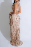 Apricot Sexy Celebrities Formal Elegant Patchwork Backless One Shoulder Sleeveless Two Pieces