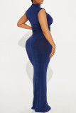 Black Casual Solid Color Ruched Turtleneck Long Dresses