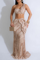 Apricot Sexy Celebrities Formal Elegant Patchwork Backless One Shoulder Sleeveless Two Pieces