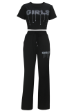 Black Casual Letters Pocket Patchwork O Neck Short Sleeve Two Pieces