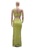 Apricot Sexy Celebrities Formal Elegant Patchwork Backless One Shoulder Sleeveless Two Pieces