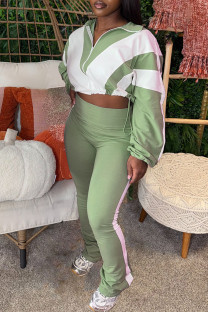 Green Casual Sportswear Daily Patchwork Contrast Zipper Collar Long Sleeve Two Pieces