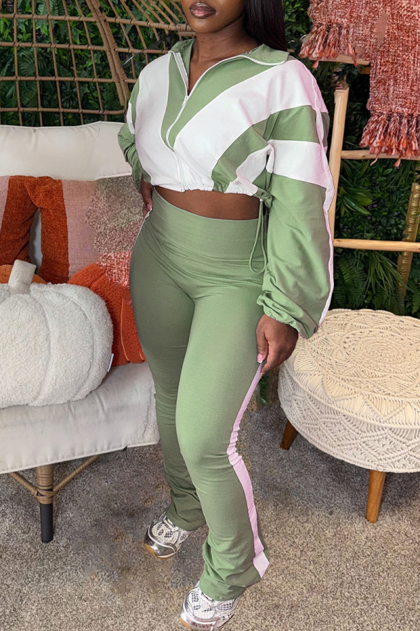 Green Casual Sportswear Daily Patchwork Contrast Zipper Collar Long Sleeve Two Pieces