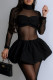 Black Sexy Solid Color Patchwork See-Through Turtleneck Long Sleeve Dresses