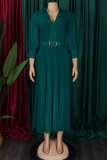 Ink Green Elegant Solid Color Patchwork With Belt Pleated V Neck Long Dresses