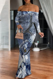 Blue Sexy Faux Denim Print Flounce Contrast Off Shoulder Long Dresses