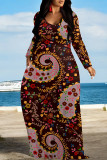 Red Casual National Totem Print Pocket Contrast O Neck Printed Dresses