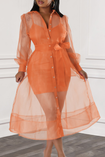 Tangerine Red Sexy Solid Color Buckle Strap Design Mesh Turndown Collar Long Sleeve Two Pieces
