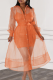 Tangerine Red Sexy Solid Color Buckle Strap Design Mesh Turndown Collar Long Sleeve Two Pieces