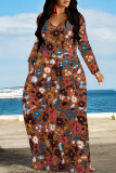 Red Casual National Totem Print Pocket Contrast O Neck Printed Dresses