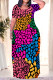 Multi-color Casual Graffiti Print Pocket Contrast O Neck Printed Plus Size Dresses
