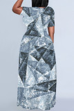 Black And White Casual Geometric Print Pocket Contrast O Neck Printed Plus Size Dresses