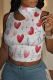 White Red Sexy Print Hollow Out Patchwork O Neck T-Shirts
