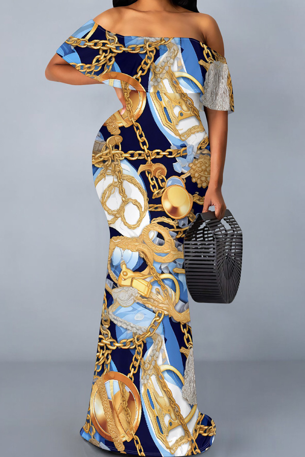 Blue Gold Elegant Print Patchwork Ruffled Trim Off Shoulder Long Dresses