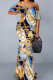Blue Gold Elegant Print Patchwork Ruffled Trim Off Shoulder Long Dresses