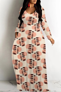Beige Casual Geometric Print Pocket Contrast O Neck Printed Dresses