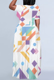 Black And White Casual Geometric Print Pocket Contrast O Neck Printed Plus Size Dresses