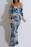 Blue Sexy Faux Denim Print Flounce Contrast Off Shoulder Long Dresses