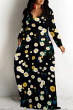 Black Casual Colorblock Flowers Print Pocket Contrast O Neck Printed Dresses