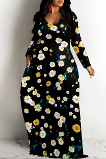 Black Casual Colorblock Flowers Print Pocket Contrast O Neck Printed Dresses
