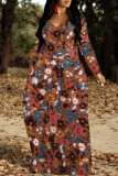 Red Casual National Totem Print Pocket Contrast O Neck Printed Dresses