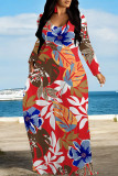 Red Casual National Totem Print Pocket Contrast O Neck Printed Dresses