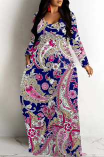 Blue Casual National Totem Print Pocket Contrast O Neck Printed Dresses