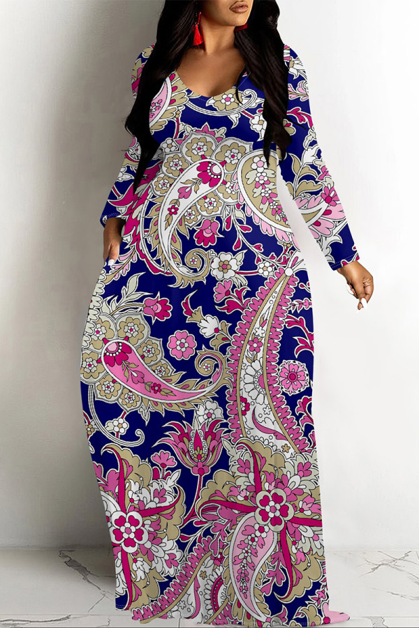 Blue Casual National Totem Print Pocket Contrast O Neck Printed Dresses