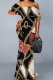 Black Elegant Print Patchwork Ruffled Trim Off Shoulder Long Dresses