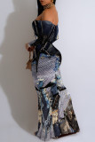Blue Sexy Faux Denim Print Flounce Contrast Off Shoulder Long Dresses