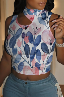 Blue Sexy Print Hollow Out Patchwork O Neck T-Shirts