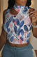 Blue Sexy Print Hollow Out Patchwork O Neck T-Shirts