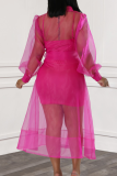 Rose Red Sexy Solid Color Buckle Strap Design Mesh Turndown Collar Long Sleeve Two Pieces