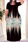 Black And White Casual Striped Print Pocket Contrast O Neck Printed Plus Size Dresses