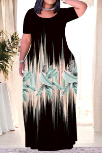 Black Casual Striped Print Pocket Contrast O Neck Printed Plus Size Dresses