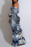 Blue Sexy Faux Denim Print Flounce Contrast Off Shoulder Long Dresses