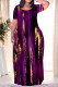 Purple Casual Striped Print Pocket Contrast O Neck Printed Plus Size Dresses