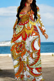 Red Casual National Totem Print Pocket Contrast O Neck Printed Dresses
