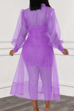 Rose Red Sexy Solid Color Buckle Strap Design Mesh Turndown Collar Long Sleeve Two Pieces
