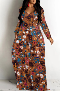 Brown Casual National Totem Print Pocket Contrast O Neck Printed Dresses