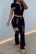 Black Casual Print Patchwork O Neck Short Sleeve Two Pieces