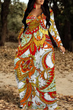Red Casual National Totem Print Pocket Contrast O Neck Printed Dresses