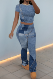 Blue Casual Print Patchwork O Neck Short Sleeve Two Pieces