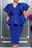 Blue Elegant Solid Color Patchwork Slit V Neck Long Dresses