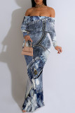 Blue Sexy Faux Denim Print Flounce Contrast Off Shoulder Long Dresses