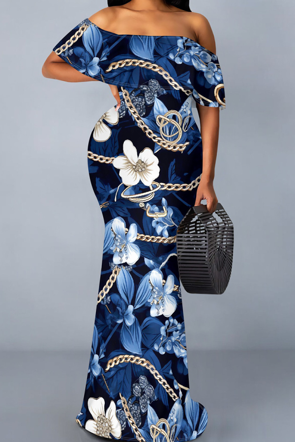 Tibetan Blue Elegant Print Patchwork Ruffled Trim Off Shoulder Long Dresses