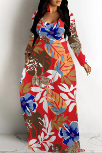 Red Casual National Totem Print Pocket Contrast O Neck Printed Dresses