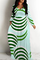 Light Green Casual Geometric Print Pocket Contrast O Neck Printed Dresses