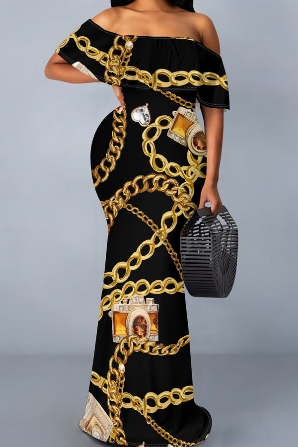 Black Gold Elegant Print Patchwork Ruffled Trim Off Shoulder Long Dresses